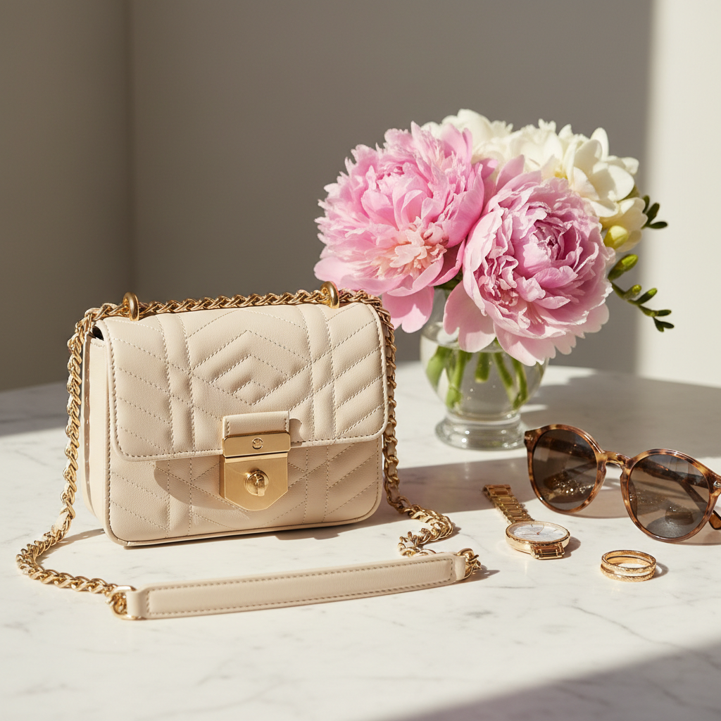 Prism Mini Crossbody handbag styled on a marble surface with flowers and accessories