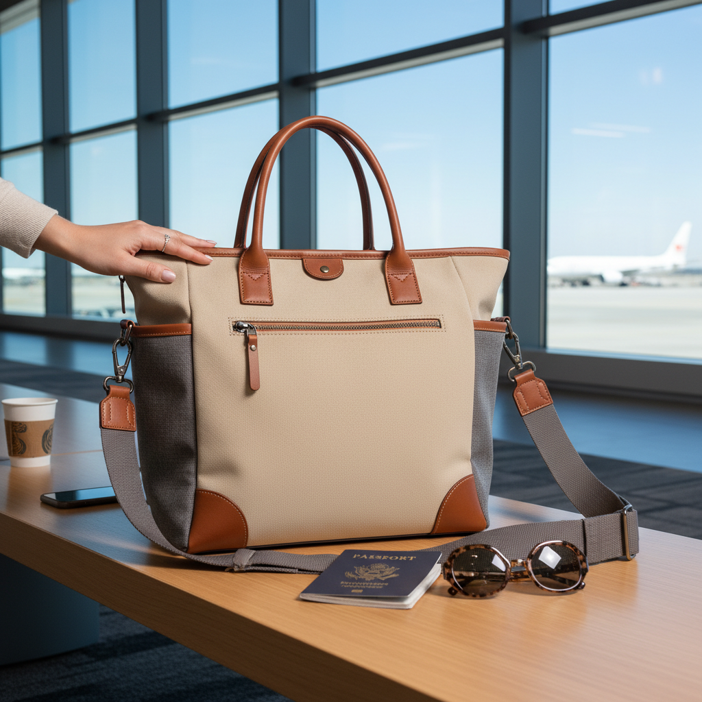 Atlas Convertible Tote styled in a travel setting with passport and sunglasses
