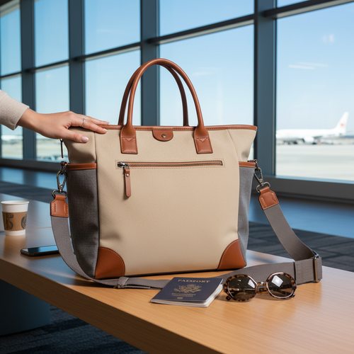Atlas Convertible Tote styled in a travel setting with passport and sunglasses